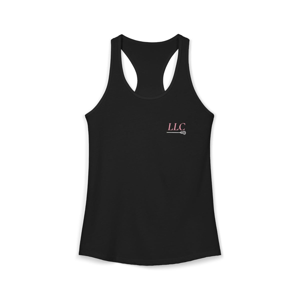 Black tank top with a LLC graphic and text on a white background